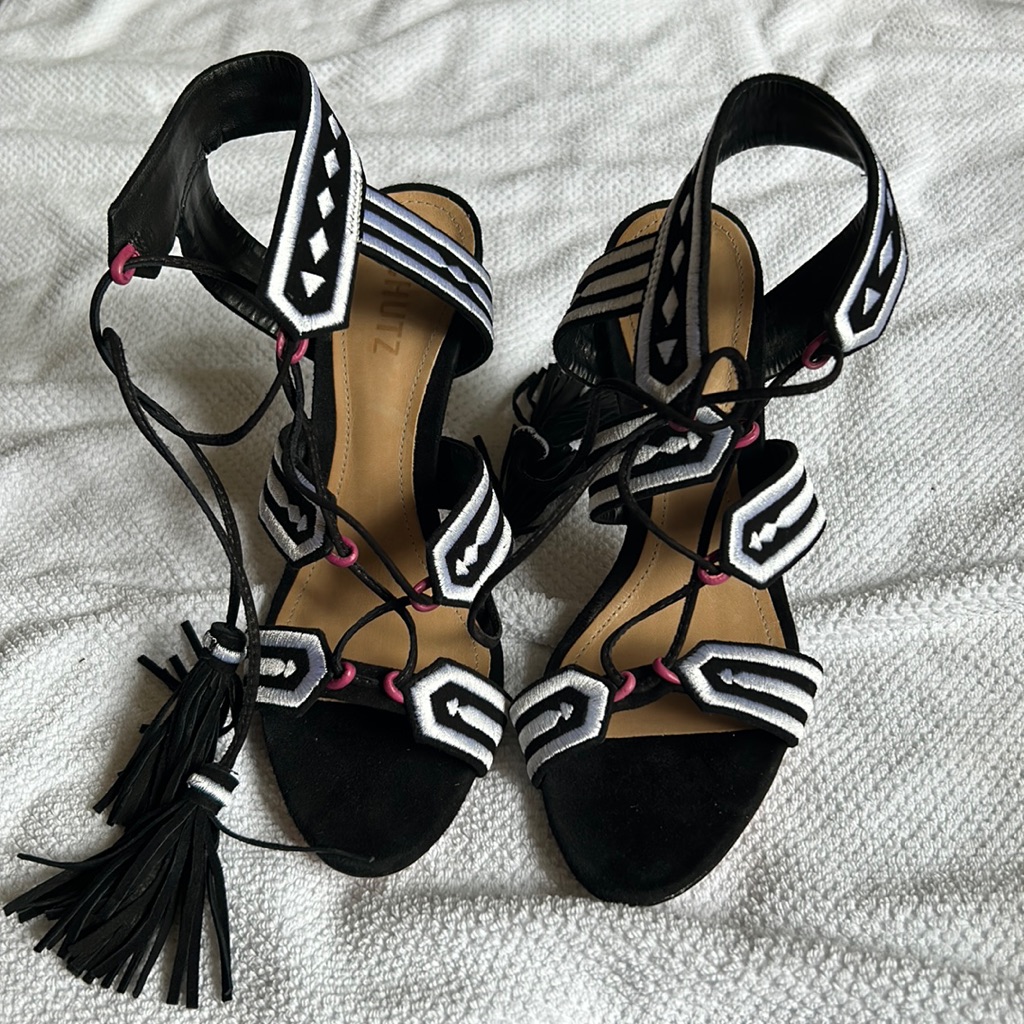 Black Suede Lace Up Schutz Heels W/ Pink, White, & Fringe Detail (Size 8.5)